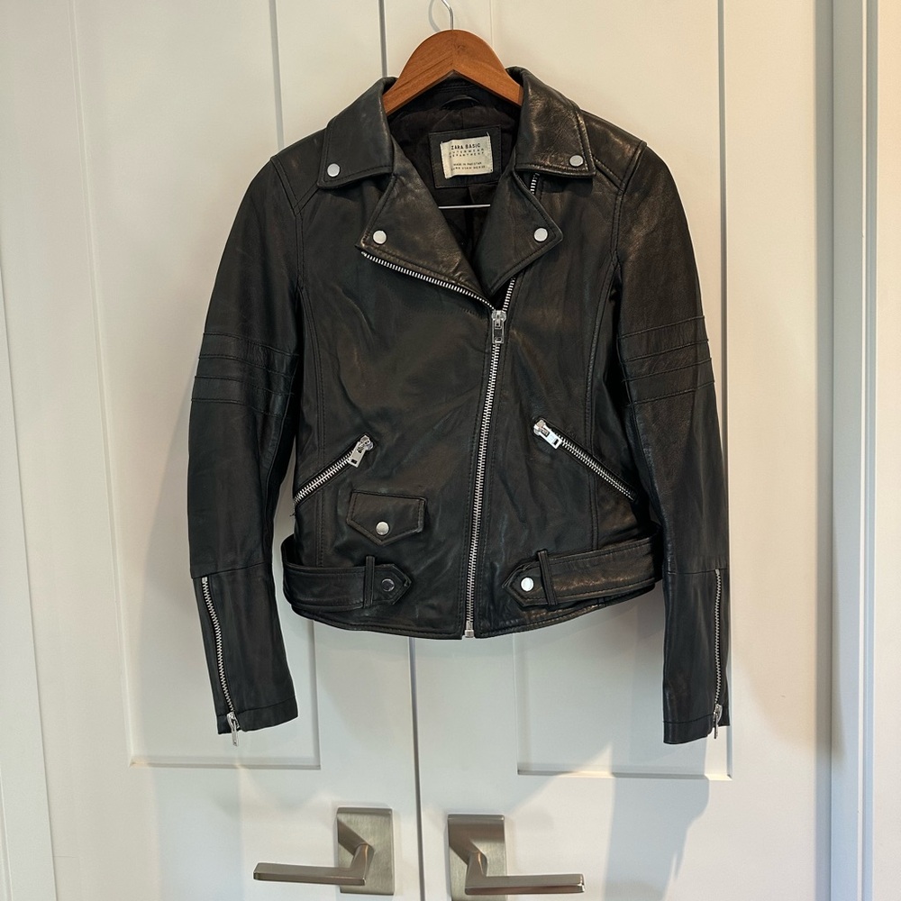 Zara Black Genuine Leather Moto Jacket